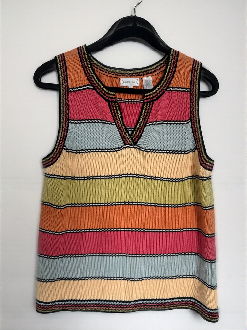 Vintage Y2K JEANNE PIERRE 100% Cotton Striped Knit Sweater Vest Size Large